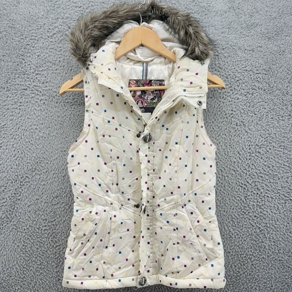 Burton Women's Small White Puffer Vest Dry Ride Hooded Faux Fur Polka Dot READ
